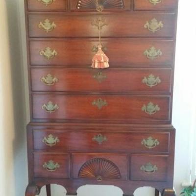 Kendall Queen Anne Full Bonnet Top Cherry Wood Highboy Dresser. Timeless elegance  in genuine antique style artistry. (80