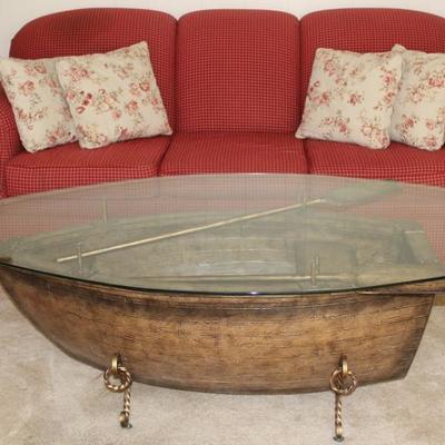 Klaussener Red Plaid Sofa (1 of 2 shown) and a very unique Glass Top Boat Coffee Table, complete with Paddles