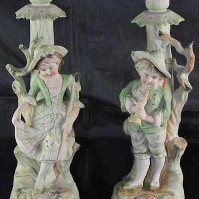 Occupied Japan Hand Painted Porcelain Bisque Candle Holders: "Bo Peep" & "Little Boy Blue"