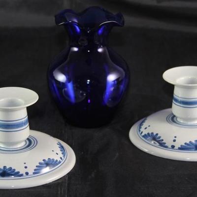 Williamsburg Restoration Delft Candle Holder shown with Depression Era Cobalt Blue 5" Vase