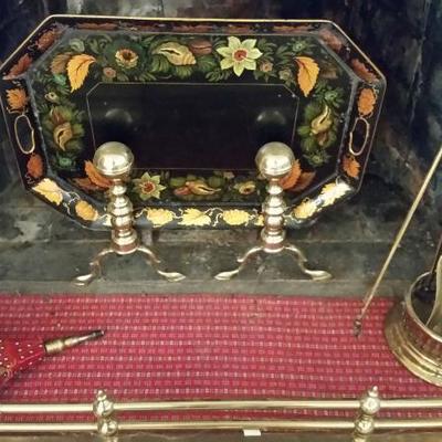 Brass andirons Ca. 1800 13"H, $189/pair. | Tole tray (behind the andirons in the photo) $148.