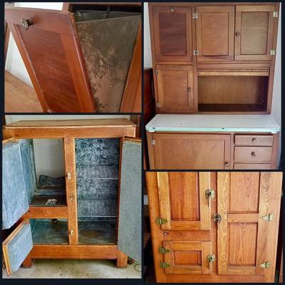 Vintage Wood Ice Chest and Hoosier Cabinet