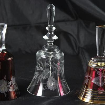 Ruby cut to Clear Crystal Bell, Etched Cut Crystal Bell and Gold Trim Ruby Cut to Clear Crystal Bell
