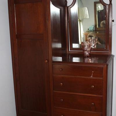 Antique Walnut Chifferobe with tilted side mirror over a 4-drawer chest 