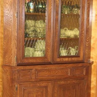 Corner China Cabinet: Amber Paned Double Doors over Drawer and Double Door Cabinet 