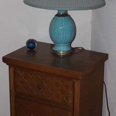 Bassett Mid-Century 2-Drawer Night Stand shown with a Mid-Century Turquoise Table Lamp