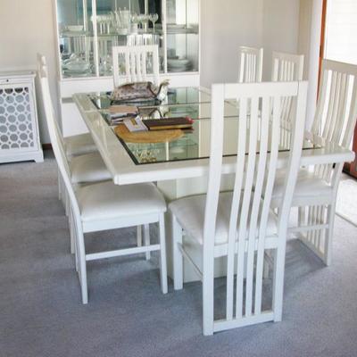 White lacquer dining room table, leaf and 8 chairs  BUY IT NOW  $ 265..00