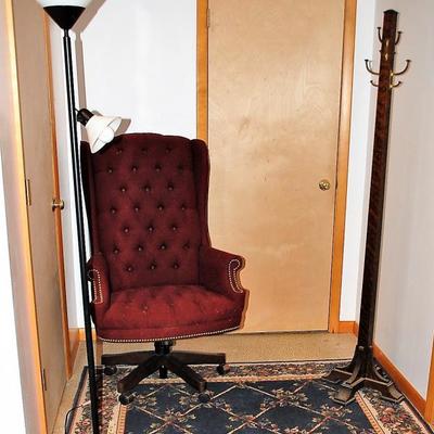 Upholstered Office Chair, Coat Rack, Floor Lamp