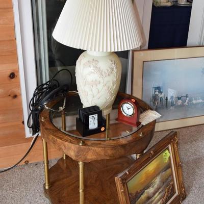 Side Table, Lamp, Coasters, Clock and Art