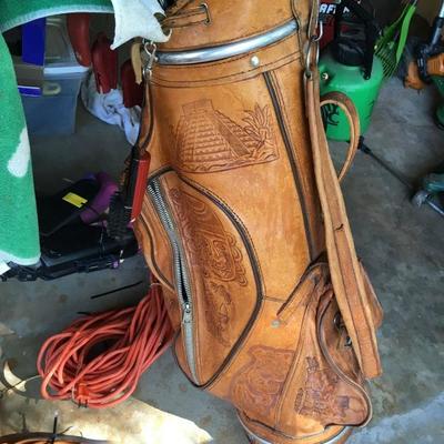 leather engraved golf bag and clubs 