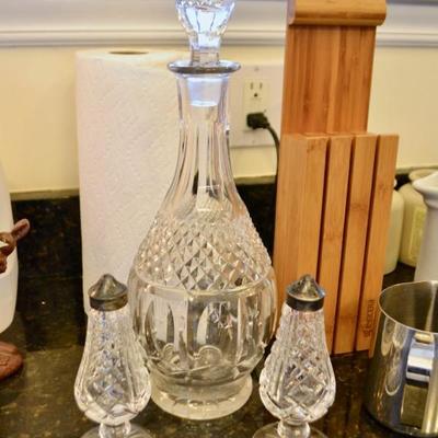 Crystal decanter and Waterford salt and pepper