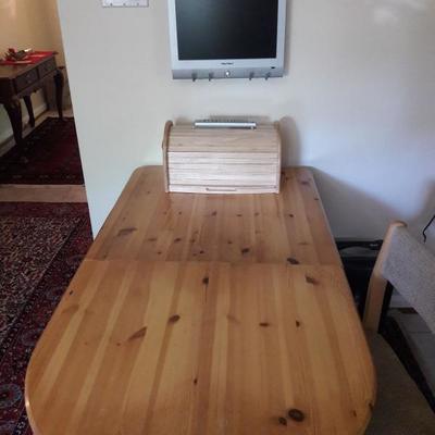 Trutech television and remote, breadbox, table with collapsible leaf. When extended, table measures 27.5x53