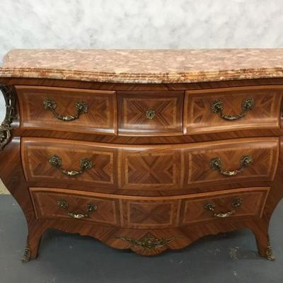 Italian marquetry marble top commode, 3 drawer, bronze