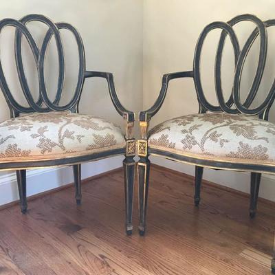 Pair, ribbon back ebony & gold accent chairs with pillows