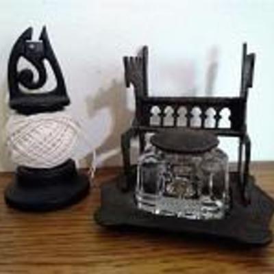 Antique Cast Iron Inkwell and Yarn Baller
