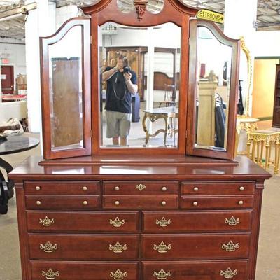 NICE Contemporary 2 Piece Cherry Dresser with Tri Fold Mirror with Built in Jewelry Chest in Mirror and Chest
Located Inside – Auction...
