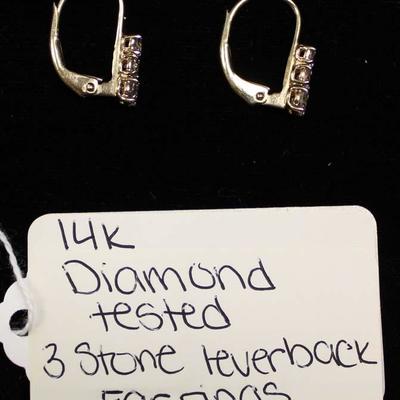 14 Karat Gold 3 Diamond Stone Lever Back Earrings 