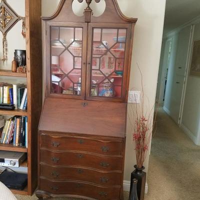 SECETARY WITH GLASS DOOR, 3 DRAWS, COVER FOLDS DOWN TO WRITE ON, CLAW FEET