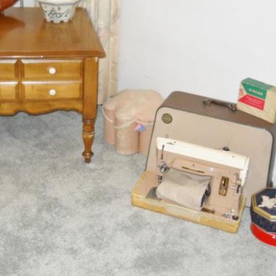 end table. Singer portable sewing machine, etc.