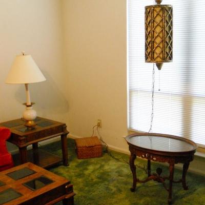 vintage hanging lamp, glass top tray table, etc.