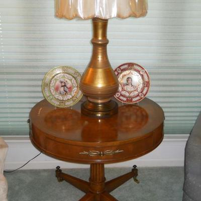 drum table, decorative lamp w/shade, Nippon portrait plates, etc.