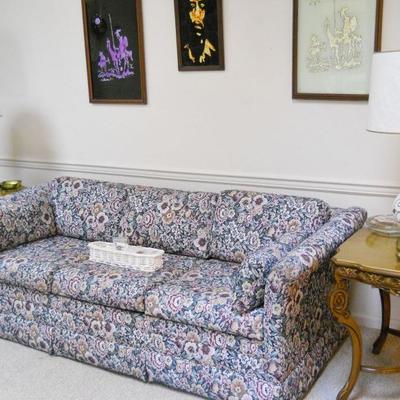 beautiful sofa, vintage tables, lamps w/shades, basket of costume jewelry, framed art, etc.