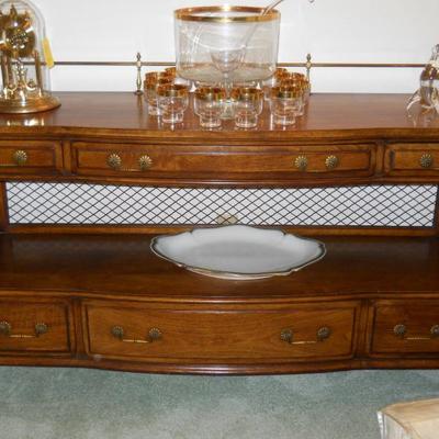 beautiful server w/6 drawers, gold trimmed punch bowl set, Anniversary clock, etc.