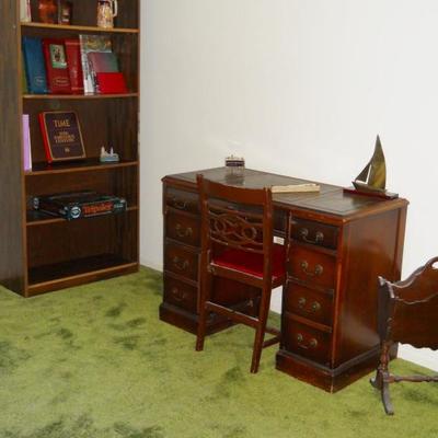 mahogany desk & chair, bookcase, magazine rack, etc.