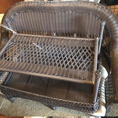 Faux wicker (heavy plastic) patio set of 4 pieces -- bench, 2 chairs and a coffee table