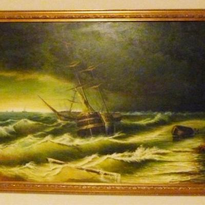 Framed oil on canvas shipwreck, signed, 27