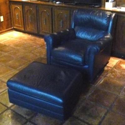Blue leather chair with ottoman, as is, 27