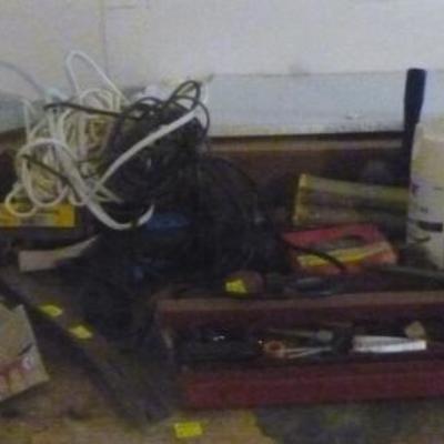 Box lot of miscellaneous tools, cords, etc.