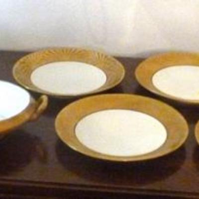 Box lot of antique gold tone rimmed dishes,  different makers
