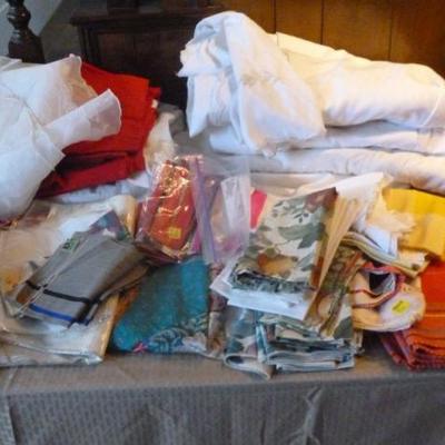 Box lot of linens, tablecloths, napkins, scarves,  etc.
