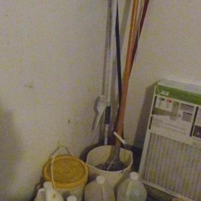 Box lot of cleaning supplies, mops, vacuum, and  filters
