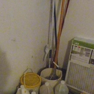 Box lot of cleaning supplies, mops, vacuum, and  filters