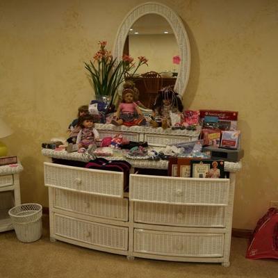 Wicker Dresser, mirror, American Girl dolls and accessories