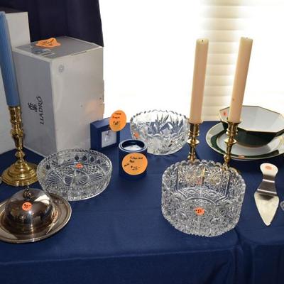 Glass bowls, serving ware, candle holders, Lladros