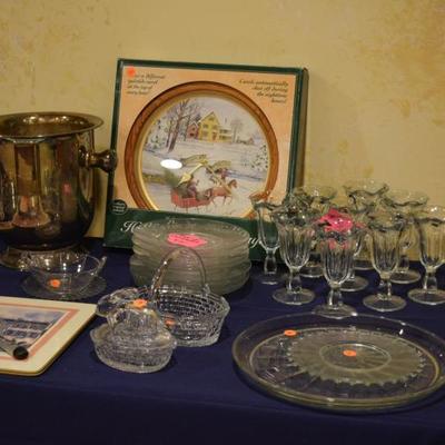 Glassware, plates, platter, candle holders, decorative plate