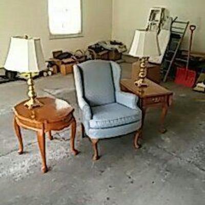 Wingback Chair, End Tables, and Lamps