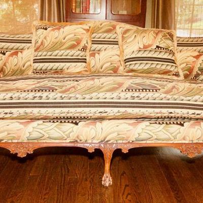 Queen Anne Couch, Custom down filled, Tapestry upholstered and ball claw feet includes 4 pillows no signs of use 