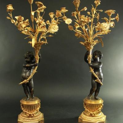 Lot 273: Pair Bronze Figural Gilded Cherub Candelabra 