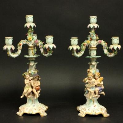 Lot 31: Pair Meissen Porcelain Figural 4-Light Candelabra 