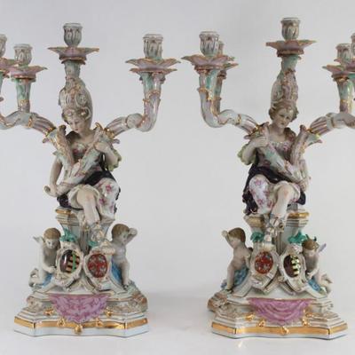 Lot 64: Pair Contemporary Meissen Style 5-Light Candelabra 