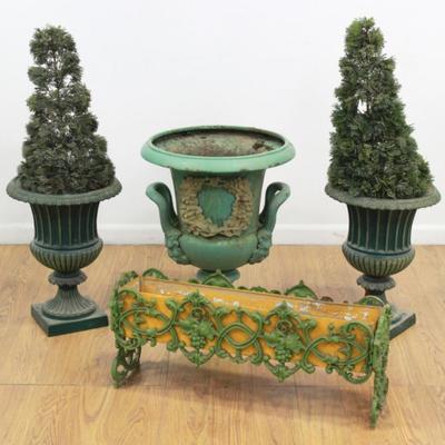 Lot 127A: Victorian Cast Iron Urn, Pair Urns, & Jardiniere 