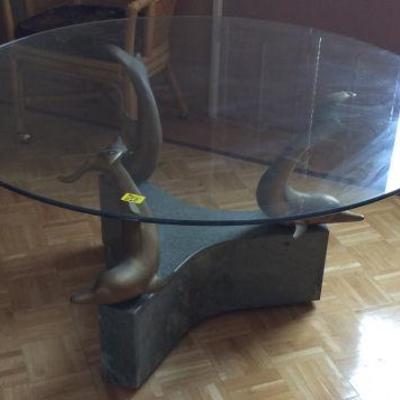 FWE020 Round Glass Top Table, Dolphin Design Base
