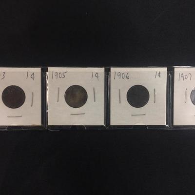 4 Indian Head Pennies-1903, 1905, 1906, 1907