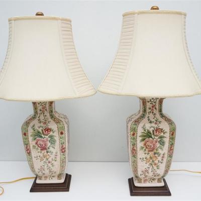 Matched Pair of Oriental Accent Inc. since 1880 Porcelain Table Lamps. Enameled Porcelain on wood stands, Roses, Cream and Sage. Tags...