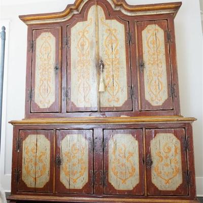Very large 20th c. Distressed Painted French Style Breakfront / Cabinet. Two part, 9' ft. tall and nearly 7 1/2' feet long. Beautifully...