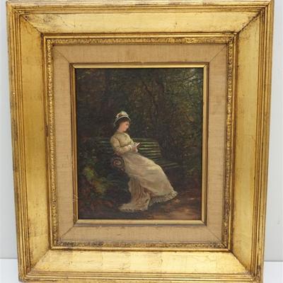 English late 19th, early 20th c. Oil on Wood Panel. Woman reading on park bench, artists initials lower right. In beautiful antique...